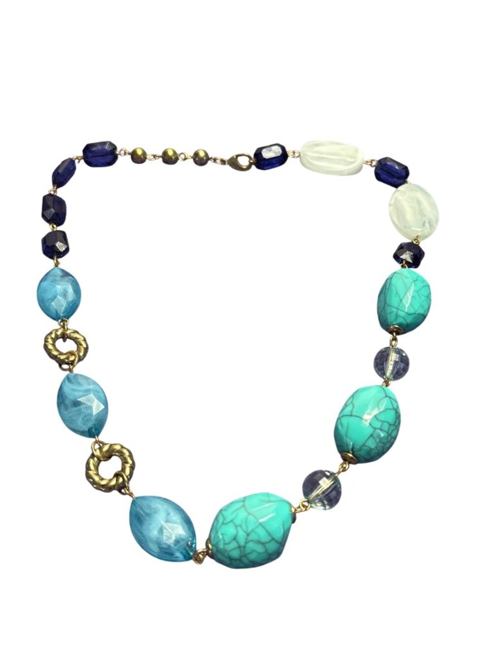 Blue Green Teal Plastic Beaded Necklace Goldtone Chain Lobster Clasp